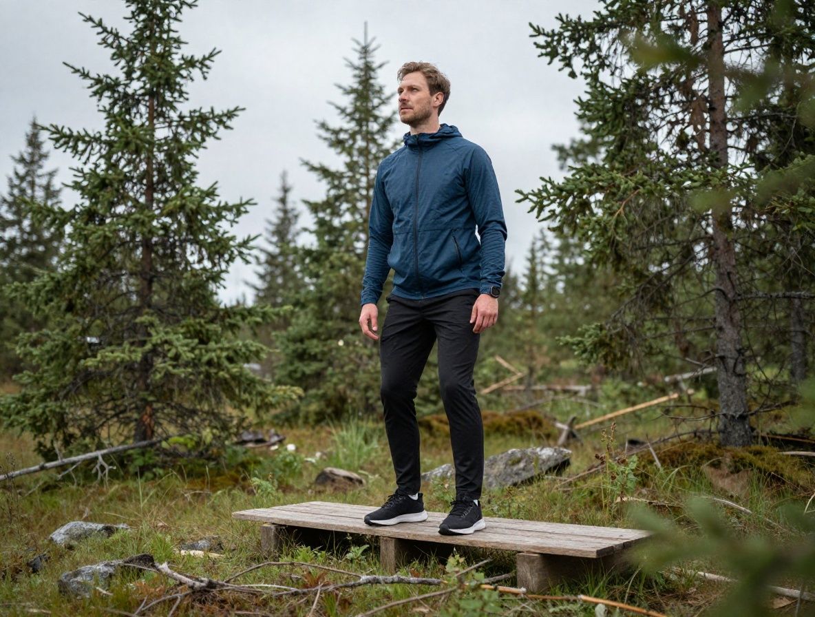 Rauhallinen aamuharjoituksessa oleva henkilö joogamatolla metsän reunassa – pehmeä aamuvalo, vihreä luonto taustalla, levollinen tunnelma