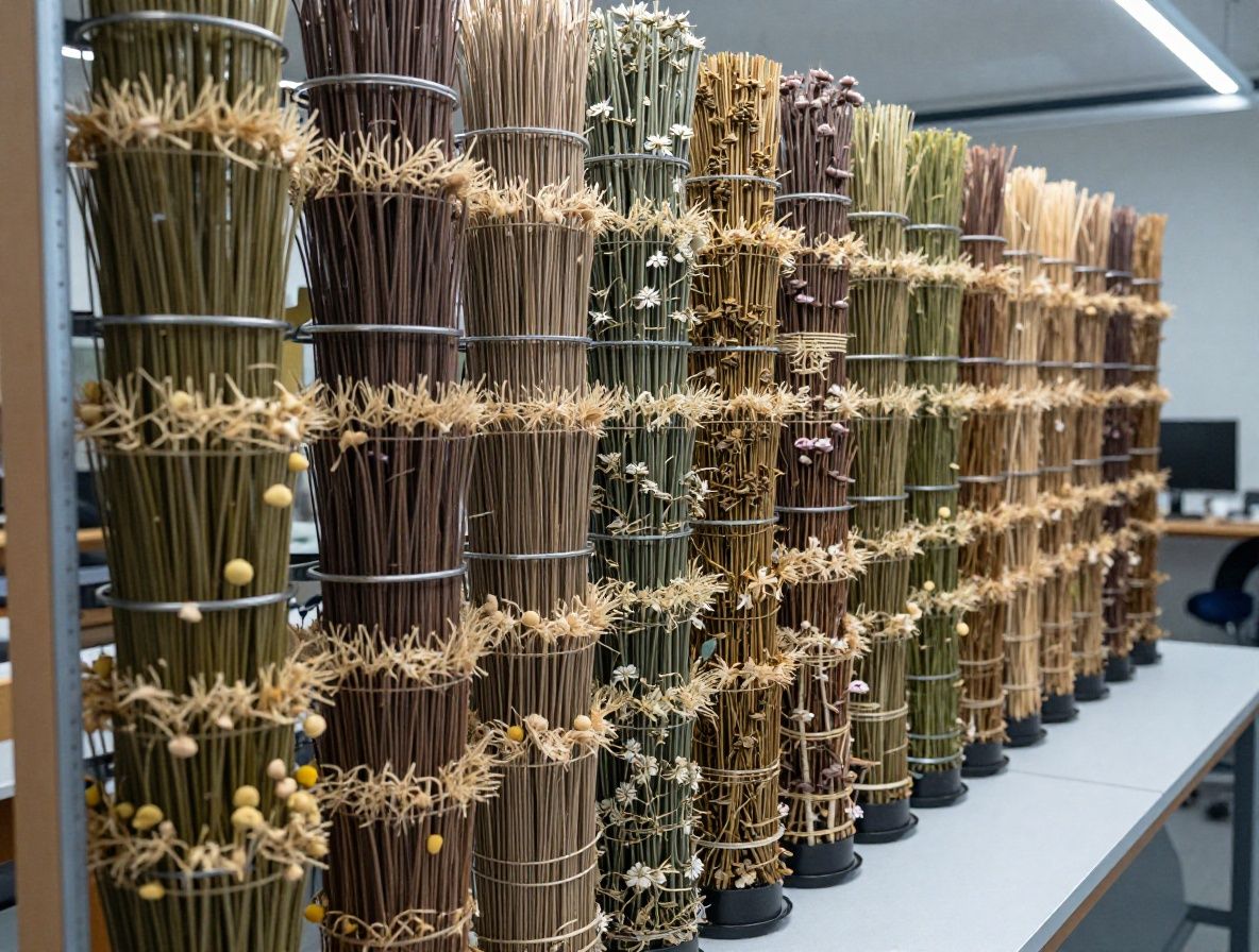 Yksityiskohtainen asetelma kuivattuja yrttejä, mausteita ja kuivia kukkia valkoisilla maljoissa puisella pöydällä – tutkimuslaboratorion estetiikka, luonnonvalo sivusta